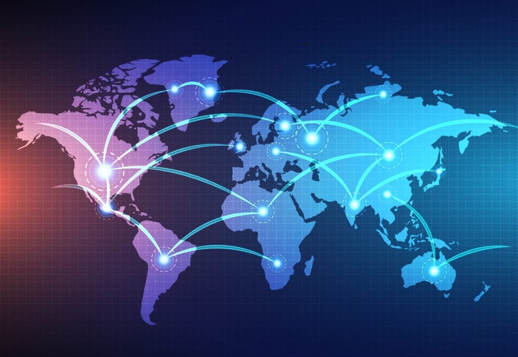 digital world map linked by lines connections network design